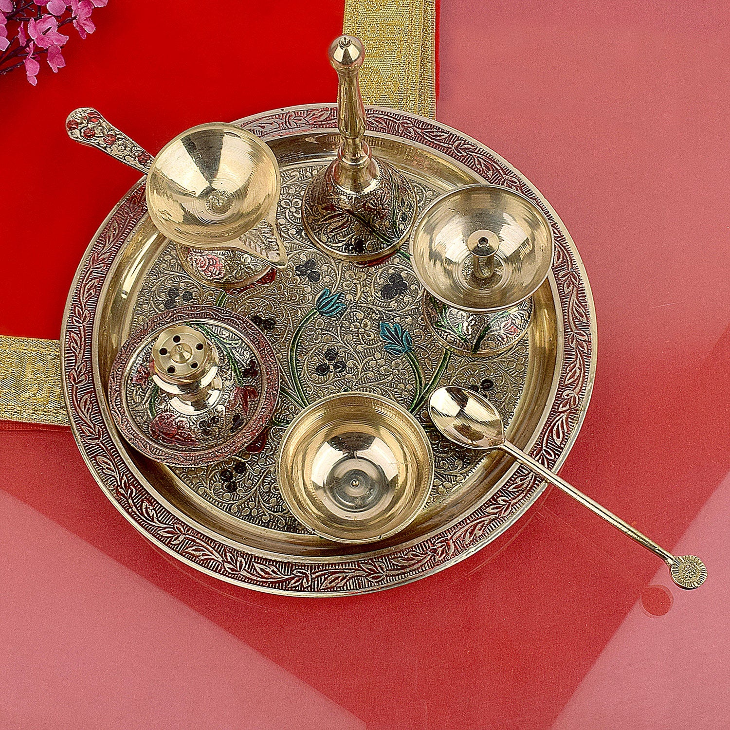 Ravishing 7 Pc Brass Puja Thali Set with Premium Velvet Box 17.7cm (8 Inch)