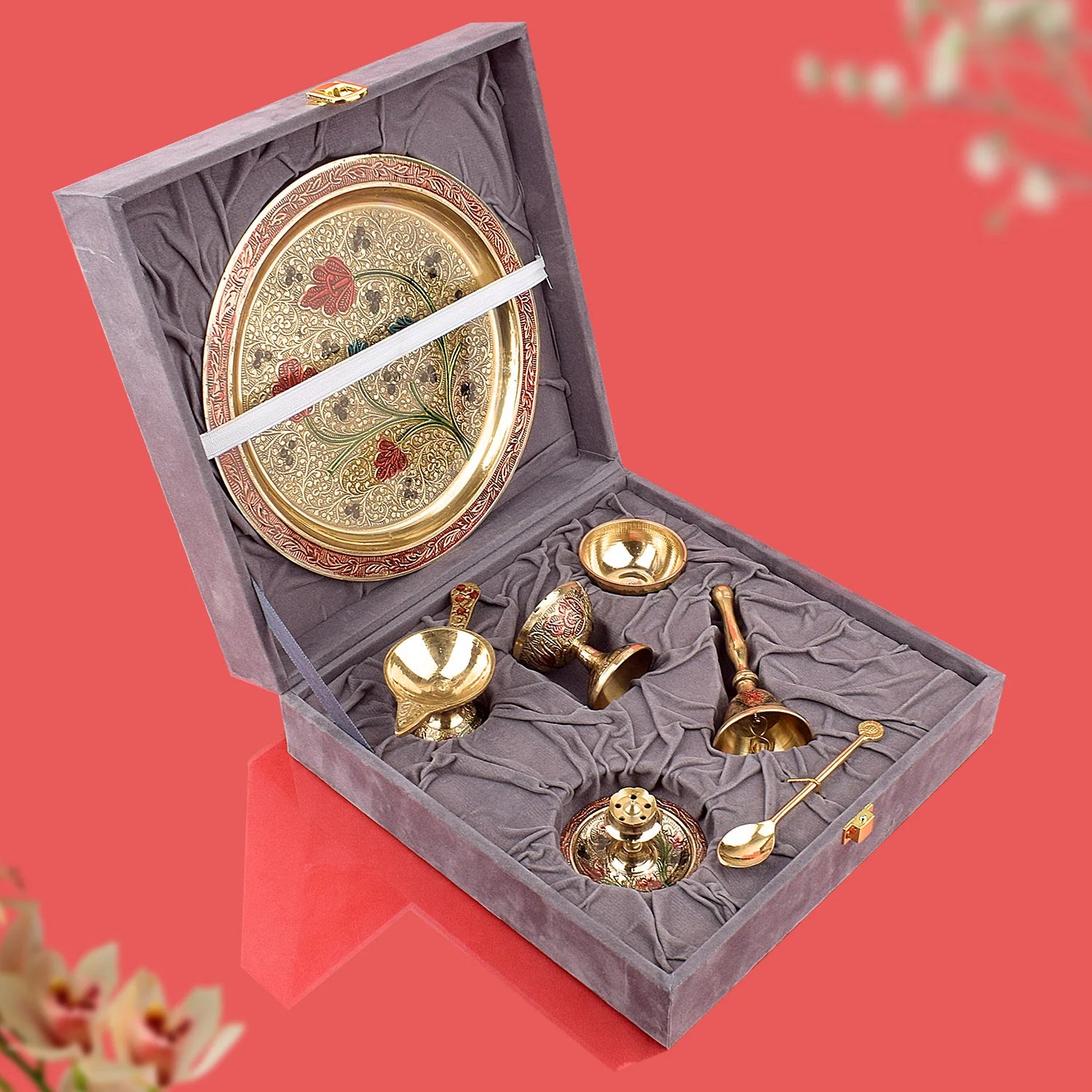 Ravishing 7 Pc Brass Puja Thali Set with Premium Velvet Box 17.7cm (8 Inch)