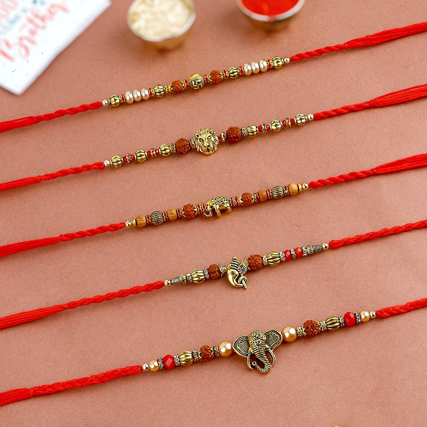 Beautiful Rudraksha and Beads Rakhi Set of 5