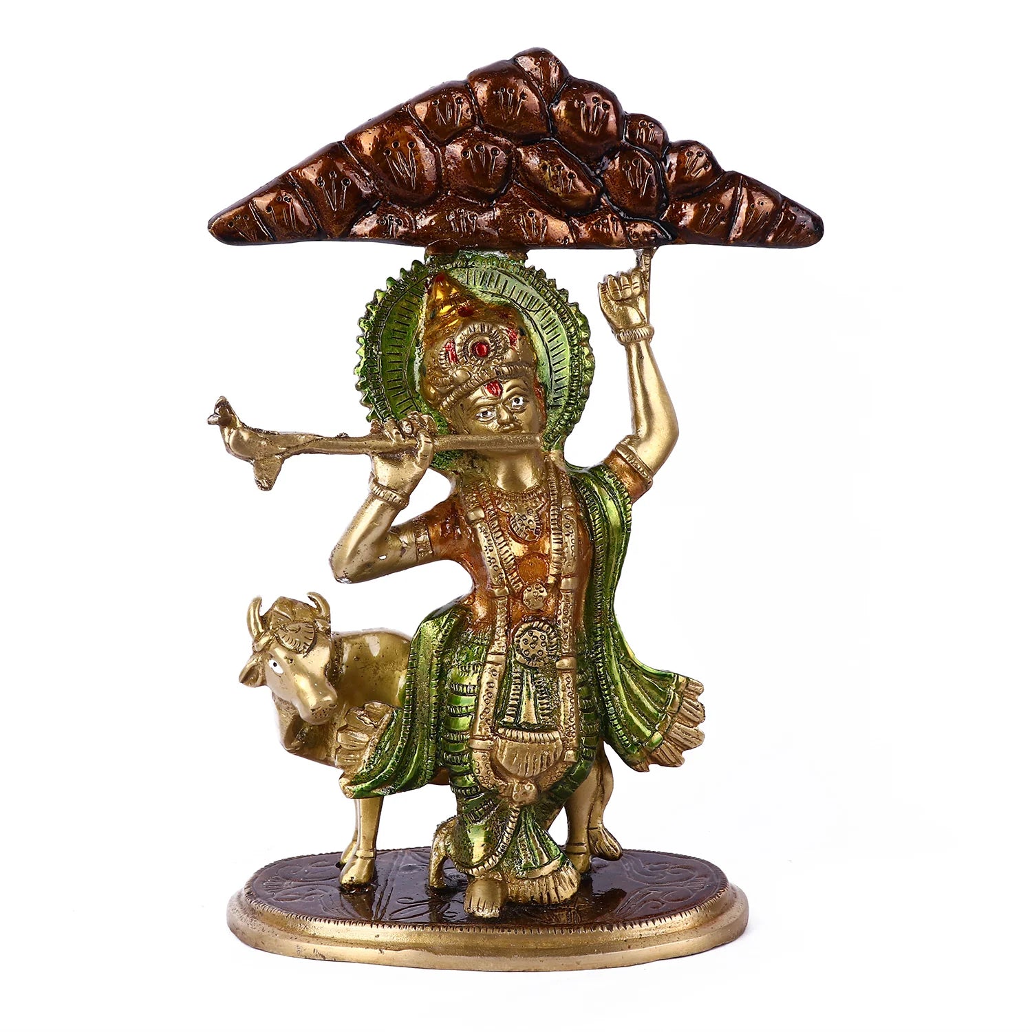 Brass Krishna Hold Mount Govardhan Idol