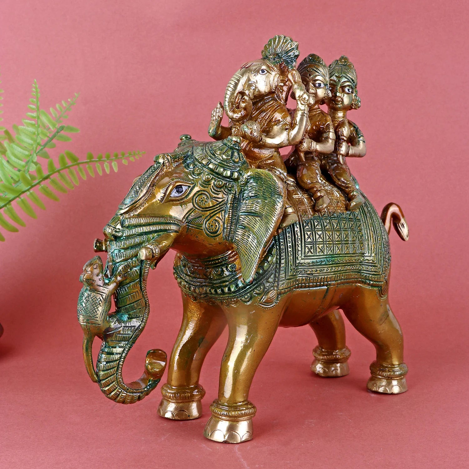 Brass Lord Ganesh Sitting On A Elephant Riding With Riddhi And Siddhi