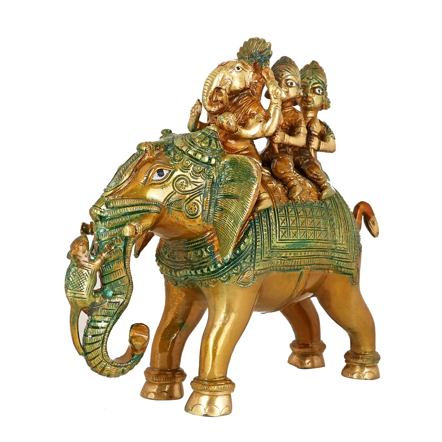 Brass Lord Ganesh Sitting On A Elephant Riding With Riddhi And Siddhi