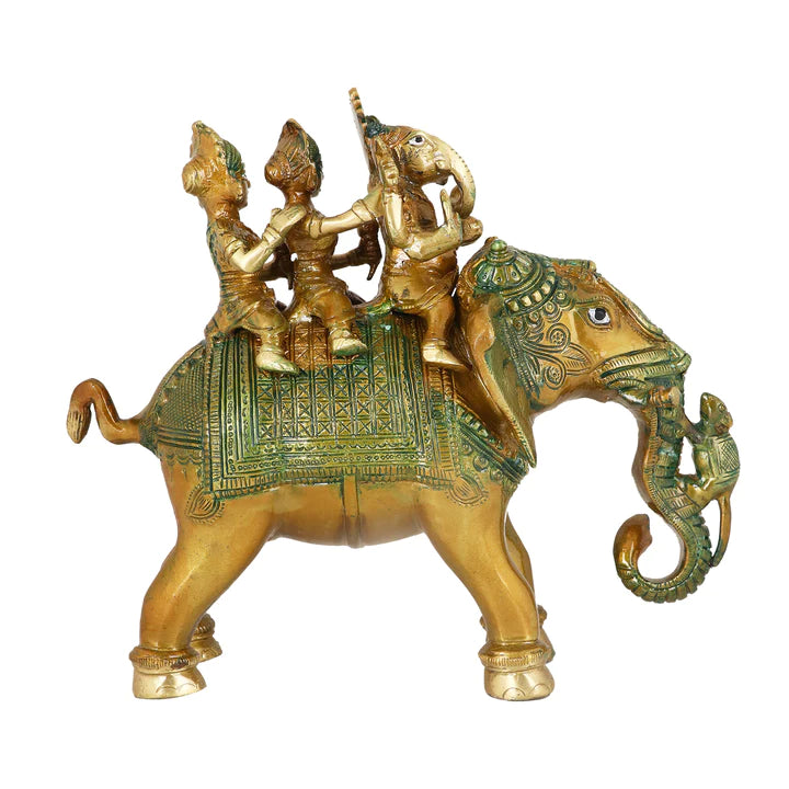 Brass Lord Ganesh Sitting On A Elephant Riding With Riddhi And Siddhi